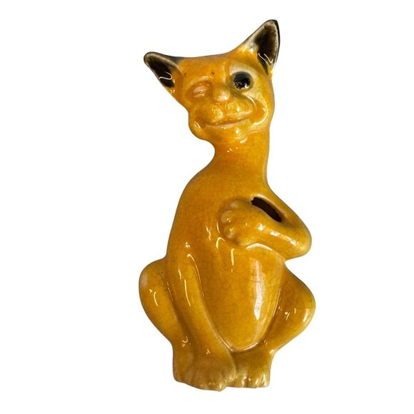 Vintage Siamese Cat Wall Pocket Yellow Ceramic Crackle Glaze Japan 6 Inches - Picture 2 of 4